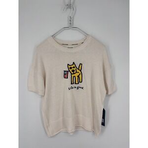 Life Is Good Sweater Womens M Ivory Dog American Flag Pullover Short Sleeve NEW